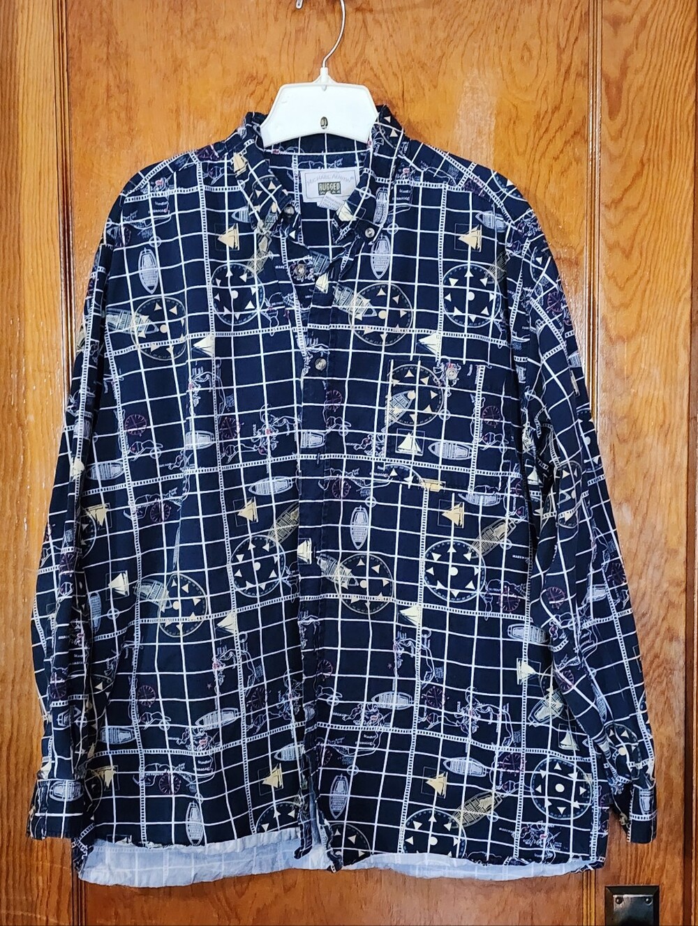 Vtg Michael Austin Rugged Wear Novelty Print Grid Nautical Shirt 90s Y2K Large
